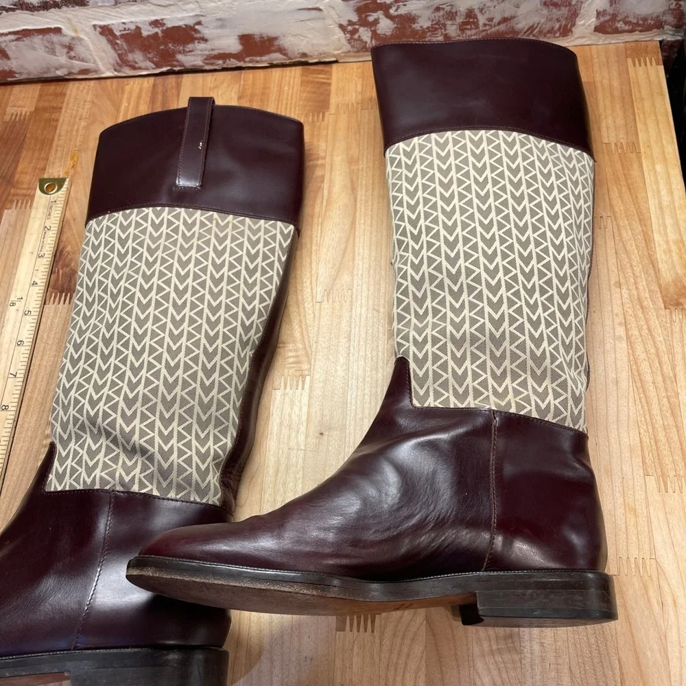Michael Kors Burgundy Leather Monogram Riding Boots Womens 7 M Made in Italy